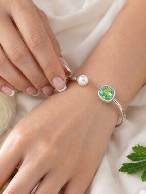 Green Crystal Pearl 18K White Gold Plated Stainless Steel Cuff Bracelet Set